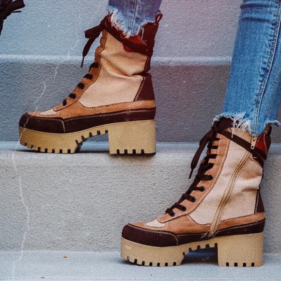 Last Size 8 🖤Camel Panel Lace-Up Lug Flatf Comb - Picture 2 of 8